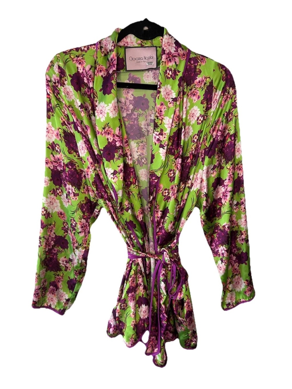 Giovanna Nicolai Silk Feel Floral Robe Dress Belted Italy 44 European Luxury